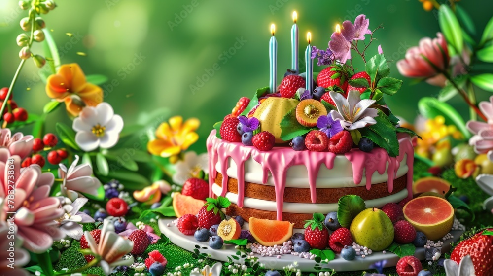 A birthday cake with fruit and candles, perfect for celebrations