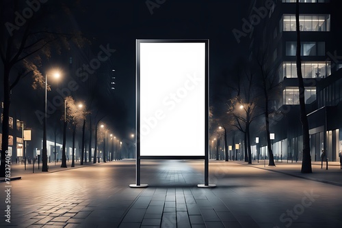 Mockup. Blank white vertical advertising banner billboard stand on the sidewalk at night © Five Million Stocks