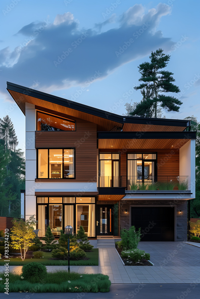 Selective focus of modern house on hillside with wooden details and green landscaping.