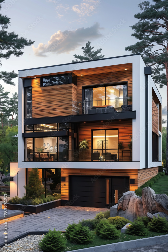 Selective focus of modern house on hillside with wooden details and green landscaping. Selective focus of modern house on hillside with wooden details and green landscaping.