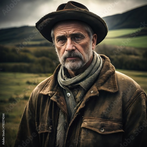 Farmer in the fields. For design, print, card (greeting card), banner, poster, flyer, advertising, wallpaper. © Roman