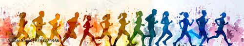 Colorful silhouette of people running, showing team spirit and winning together
