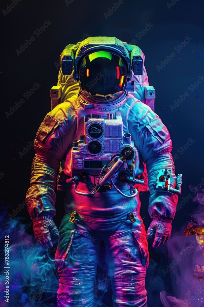 A man in a space suit holding a camera. Perfect for science and technology projects
