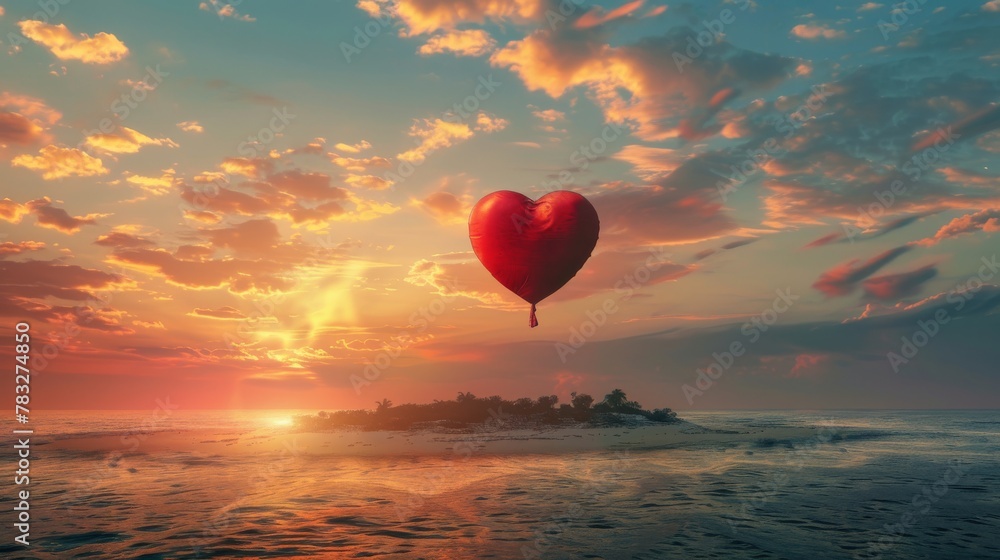 Fototapeta premium A heart-shaped balloon is seen floating gracefully in the sky above the vast ocean during a stunning sunset. The peaceful scene captures the balloons flight as it drifts through the colorful sky.