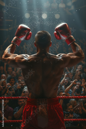Rear view of a male boxer raising his hands on the stage. The audience below the stage cheered.