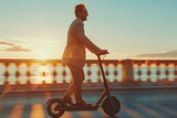 Young businessman rides an electric scooter to go to work in the city.