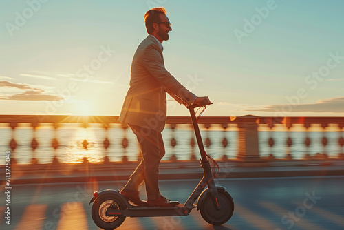 Young businessman rides an electric scooter to go to work in the city. © S photographer