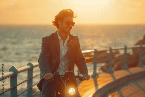 Young businessman rides an electric scooter to go to work in the city.