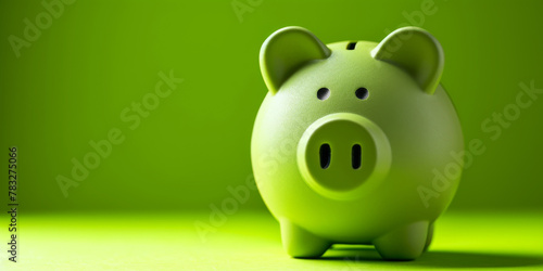 A classic green piggy bank stands on a bright green backdrop, promoting the importance of thrift and eco-conscious finances photo