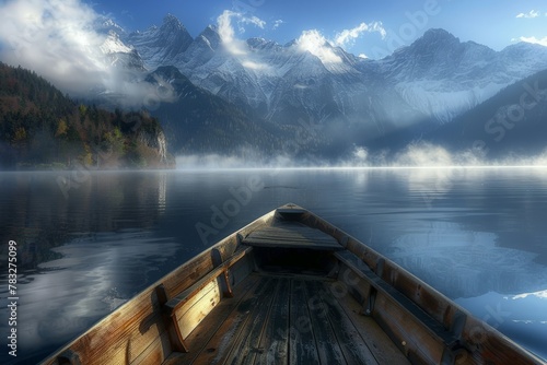 Boat sailing on lake with mountains