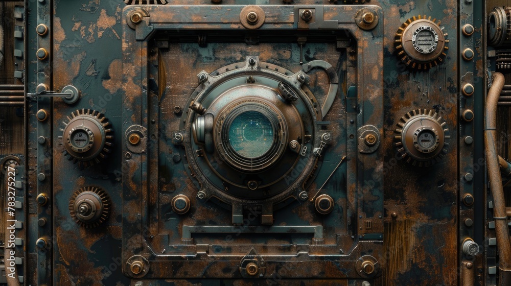 Detailed image of a metal door with a clock, suitable for business concepts