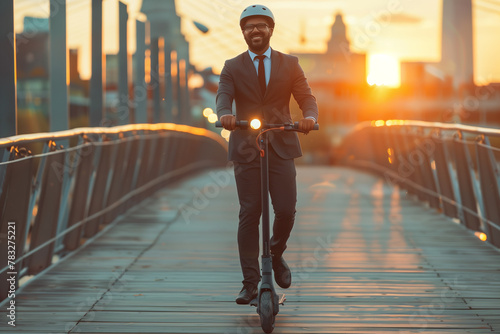 Young businessman rides an electric scooter to go to work in the city. © S photographer