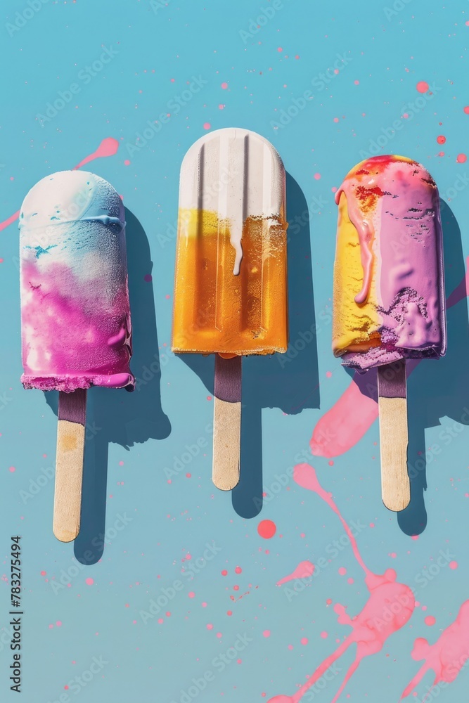 Three popsicles in vibrant colors on a blue backdrop. Perfect for summer themes Three popsicles in vibrant colors on a blue backdrop. Perfect for summer themes