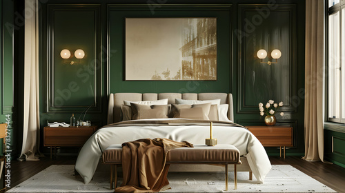 A luxurious bedroom with upscale, traditional decor. Rich, deep green with a master viridian bed and dark emerald walls. Beige bed linens are used photo