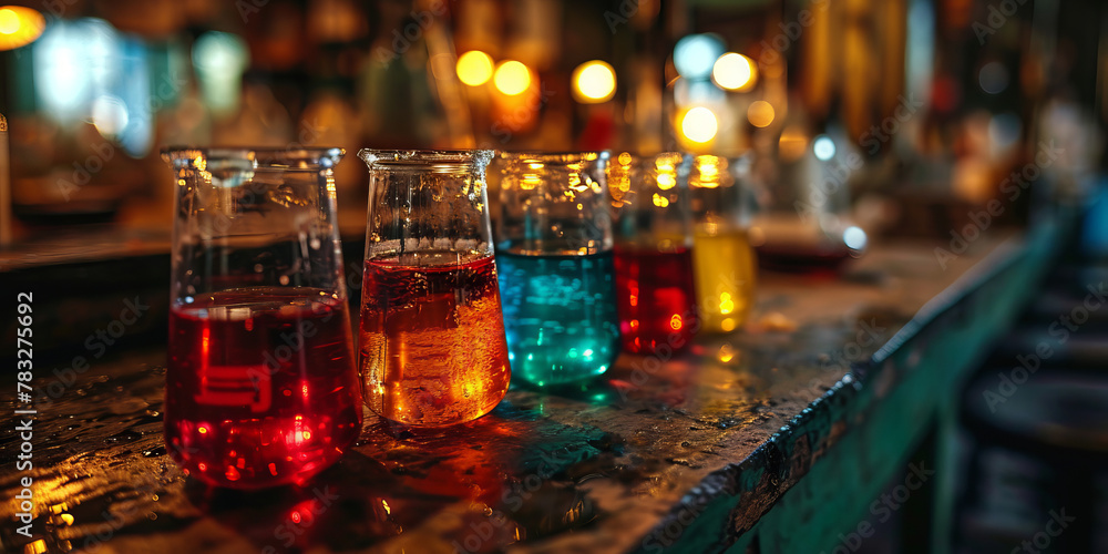 Colorful Glass Bottles on a Rustic Table