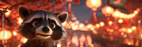 Raccoon Surrounded by Red Lanterns at Night