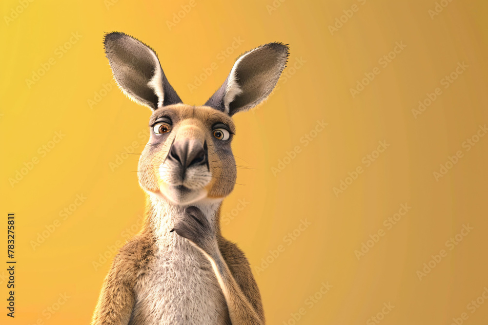 Thoughtful Kangaroo Posing with Hand on Chin Against Yellow Background

