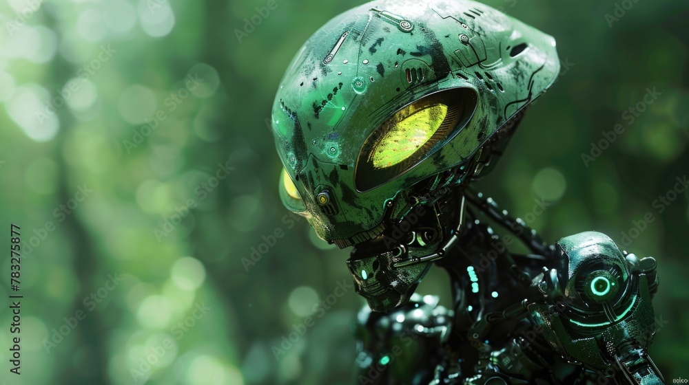 A detailed view of a robot in a forest. Suitable for technology or nature themes A detailed view of a robot in a forest. Suitable for technology or nature themes