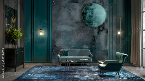 Deep, dark colours for a living room or business lounge. Combine grey and blue teal trends. Mockup of an empty wall with a painted background and luxurious furniture