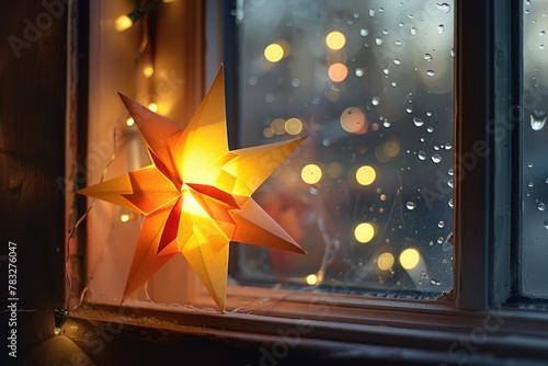A lighted paper star sitting on a window sill. Perfect for holiday decorations