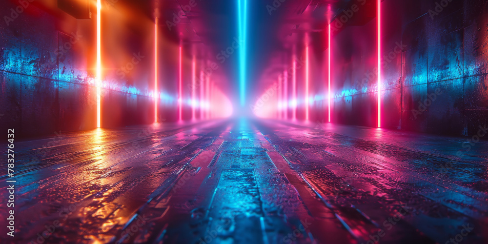 An abstract and visually striking image of a tunnel illuminated by neon blue and red laser beams, creating a futuristic atmosphere