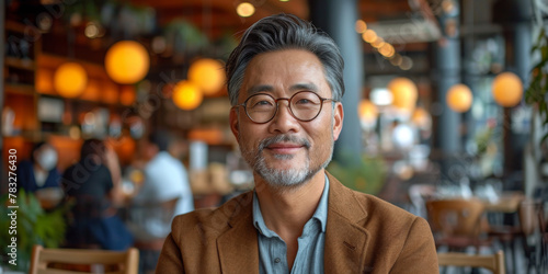 A mature Asian man with a wise expression sits comfortably in a cafe, exuding a sense of experienced confidence and contemplation