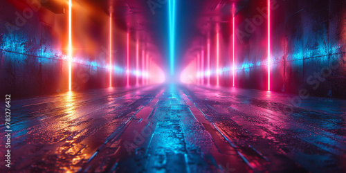 An abstract and visually striking image of a tunnel illuminated by neon blue and red laser beams, creating a futuristic atmosphere