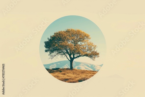 A lone tree stands in a vast field with a majestic mountain in the background. Suitable for nature and landscape themes