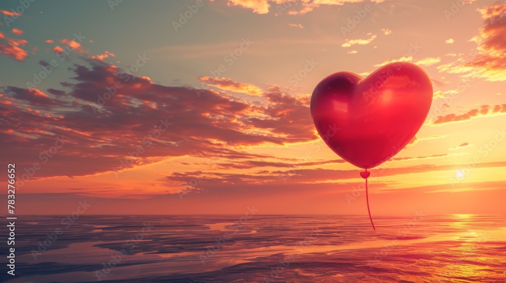 A heart shaped balloon gracefully floats in the air against a clear sky backdrop. The vibrant red balloon captures attention as it drifts upward with lightness and buoyancy.