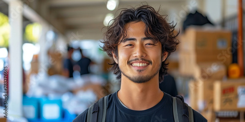An affable young man with tousled hair and a casual t-shirt smiles genuinely, standing in an urban warehouse setting photo