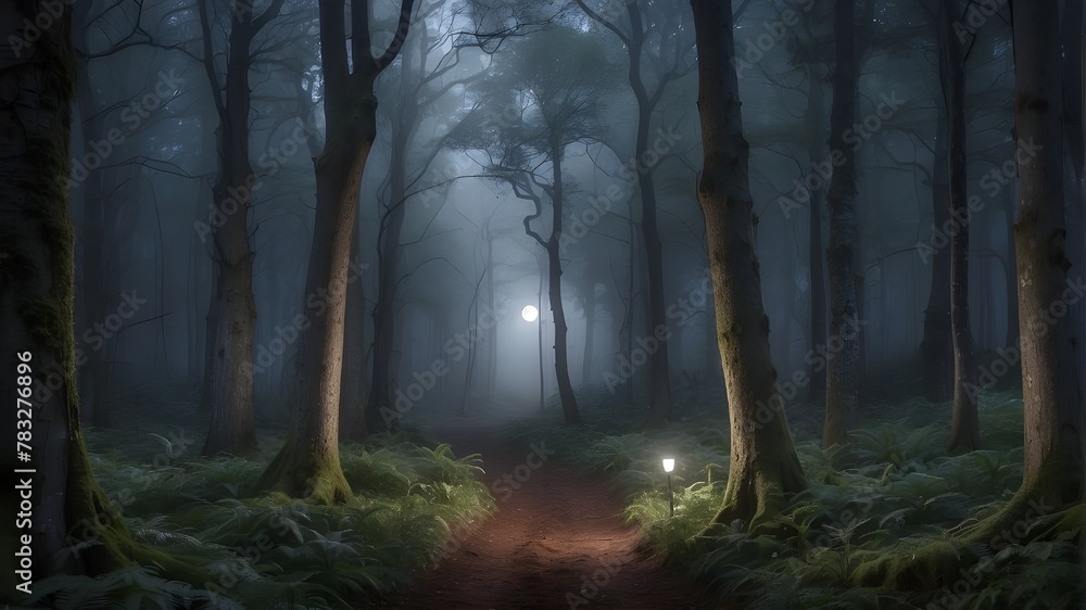 Walk in a gloomy forest fit for a fairy tale, lit by a bright full moon