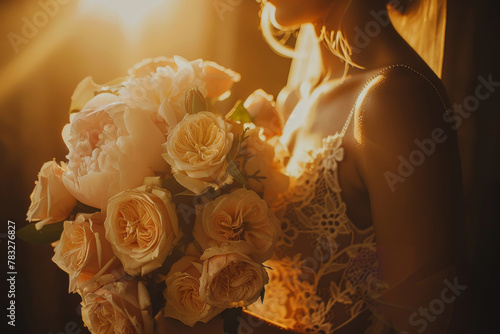 An ethereal silhouette of a bride clutching her bouquet as the sun sets, casting a dreamlike glow on the scene photo