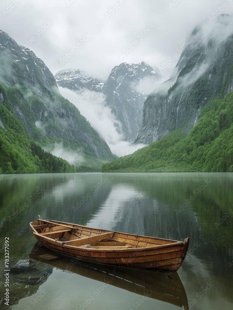 Wooden boat floating on lake surrounded by mountains