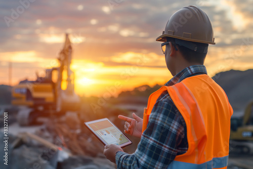 civil engineer working holding use tablet at construction site with heavy building machine excavator working under sunset.