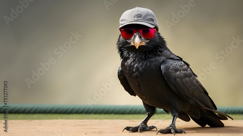 crow wearing cap and sunglasses playing cricket photo