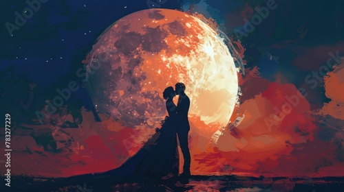 A romantic couple sharing a kiss under the full moon. Perfect for love and romance concepts