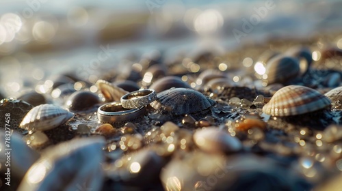 Wedding rings resting on a bed of shells, perfect for beach-themed designs