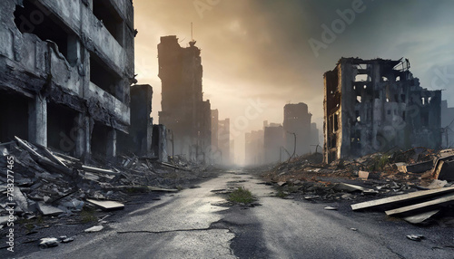 Post-apocalyptic ruined city. Destroyed buildings and ruined roads. Destruction and decay. photo