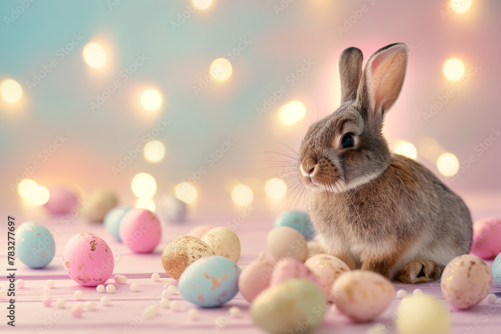 Easter Bunny with chocolate easter eggs on pastel wall background. Easter Bunny with chocolate easter eggs on pastel wall background.