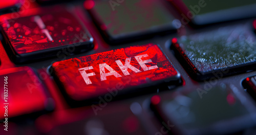 Black keyboard with red and white word "FAKE" on it, text saying fake news on computer keybord © Thumbs