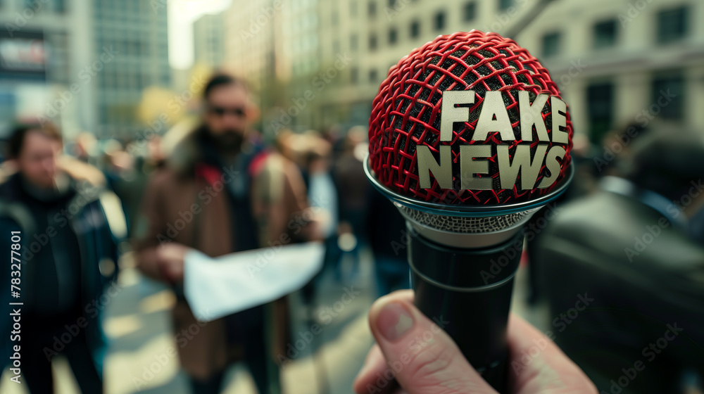 "Fake News" Microphone Close-up with Journalist on Street - obrazy, fototapety, plakaty 