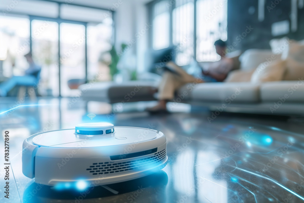 Futuristic vacuum hoover cleaning machine robot on schedule in a living room with HUD data and control with wireless. Futuristic vacuum hoover cleaning machine robot on schedule in a living room with HUD data and control with wireless.