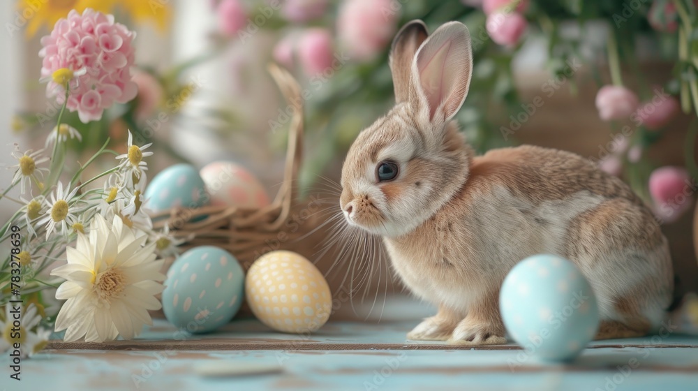 A cute rabbit sitting in front of a basket of colorful eggs. Perfect for Easter designs