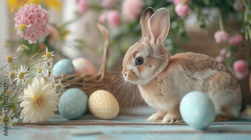 A cute rabbit sitting in front of a basket of colorful eggs. Perfect for Easter designs © Fotograf