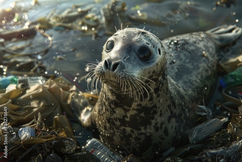 A seal sitting on top of a pile of trash. Suitable for environmental awareness campaigns © Fotograf