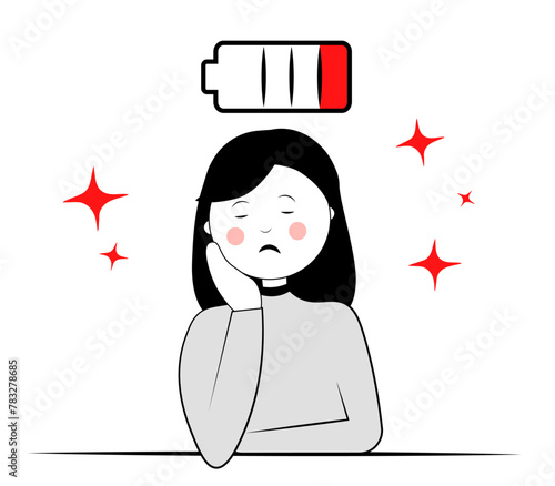 A woman is sitting at a table. Fatigue