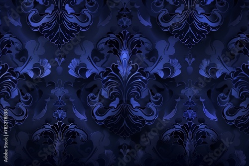 Lavish midnight blue damask wallpaper, ideal for adding a touch of classic luxury to interiors, event backgrounds, or graphic designs.