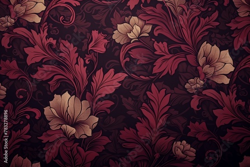 A luxuriant baroque floral pattern in burgundy and gold on a dark background, great for elegant and rich visual narratives.