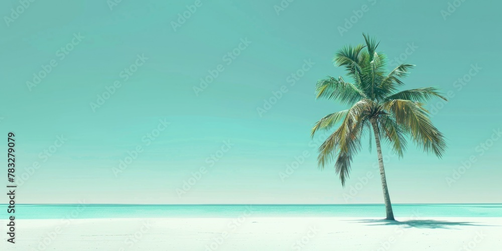 A single palm tree standing on a pristine white sandy beach. Perfect for travel and vacation concepts