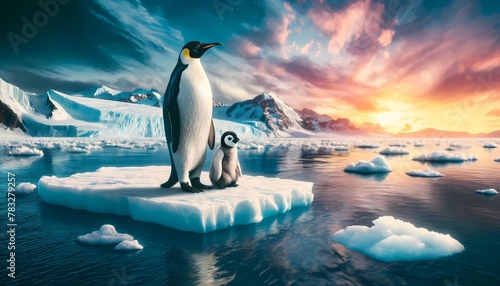  Antarctica icebergs melting  with penguin family lonely for environment issue concept of climate change effects